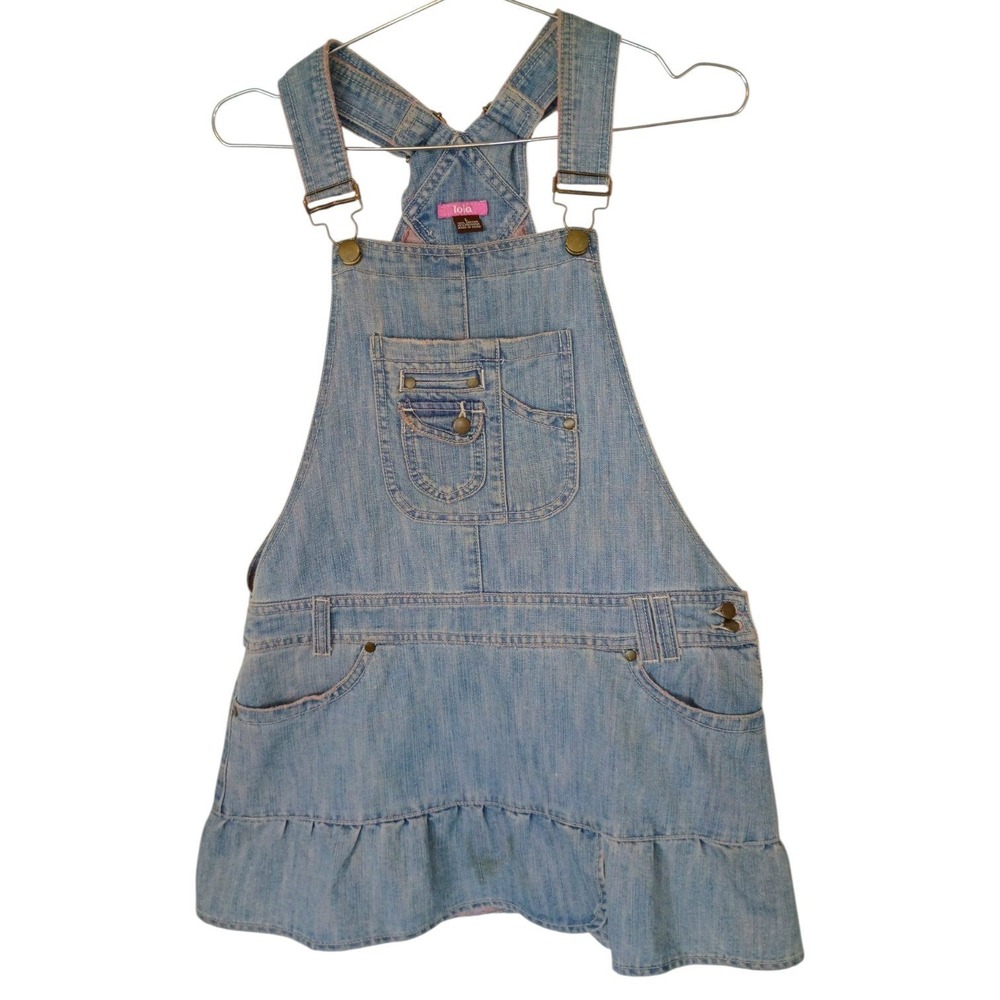 Vintage Lola Denim Overall Mini Dress Top Light Wash Ruffle Hem Pink Large